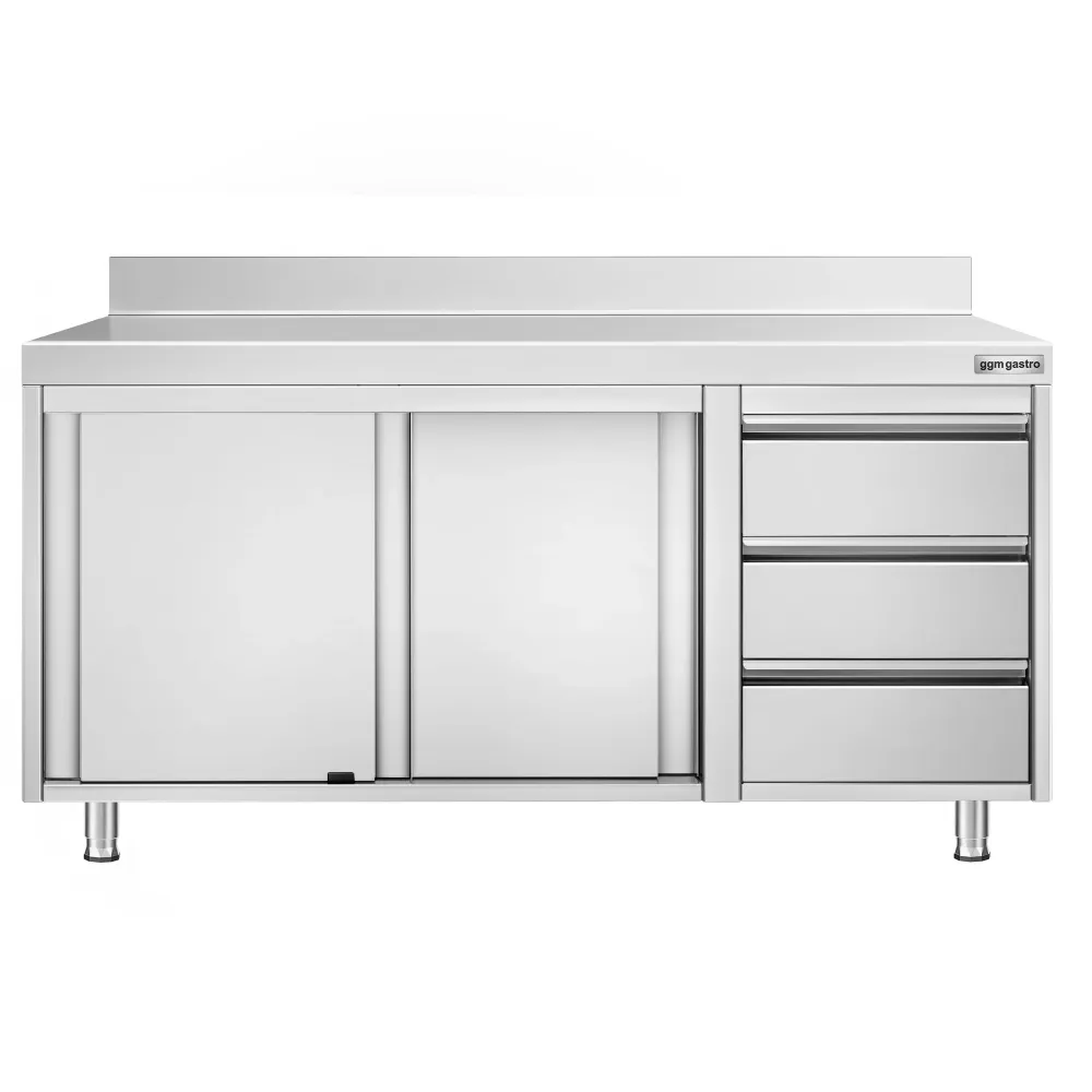 Професионален Работен шкаф от неръждаема стомана PREMIUM - 1600x700mm - с плъзгащи се врати и 3 чекмеджета вдясно & Борд