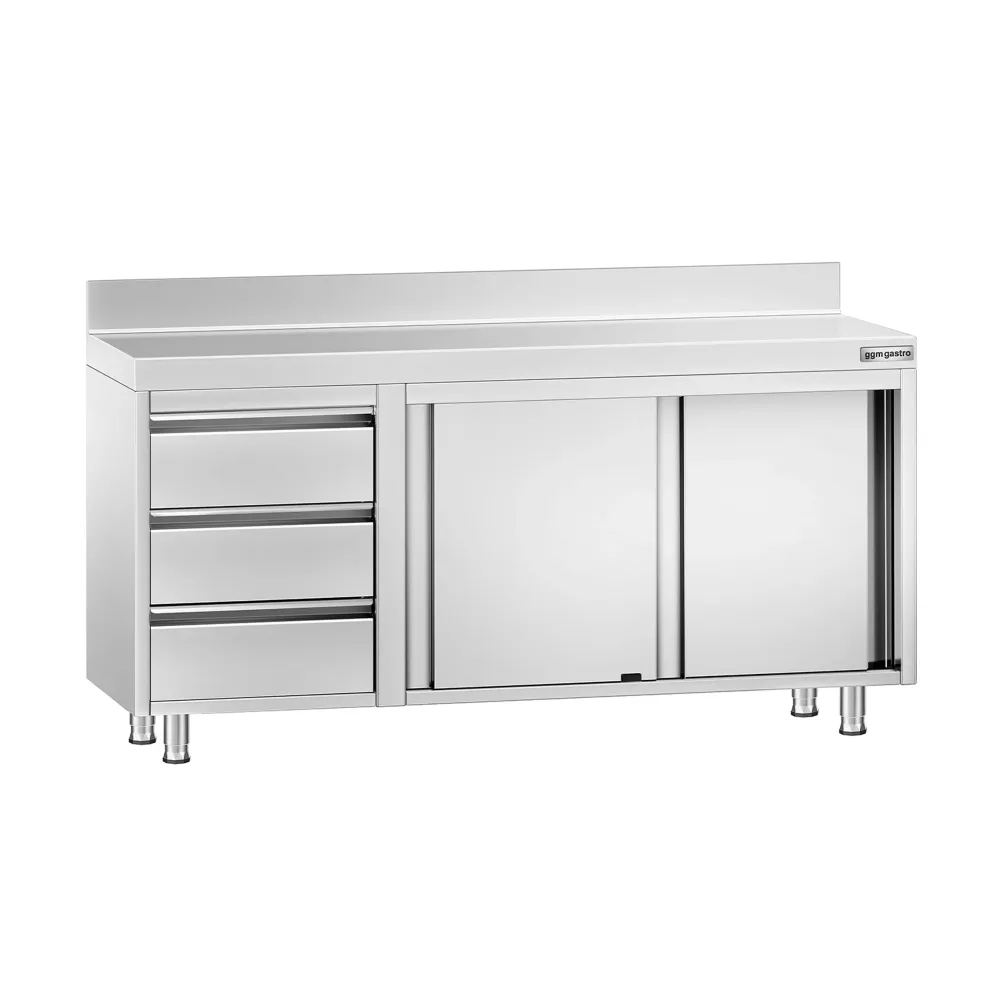 Професионален Работен шкаф от неръждаема стомана PREMIUM - 1600x700mm - с 3 чекмеджета вляво & Борд