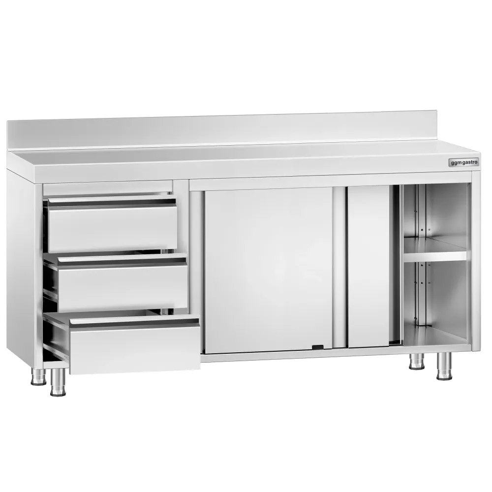 Професионален Работен шкаф от неръждаема стомана PREMIUM - 1600x700mm - с 3 чекмеджета вляво & Борд