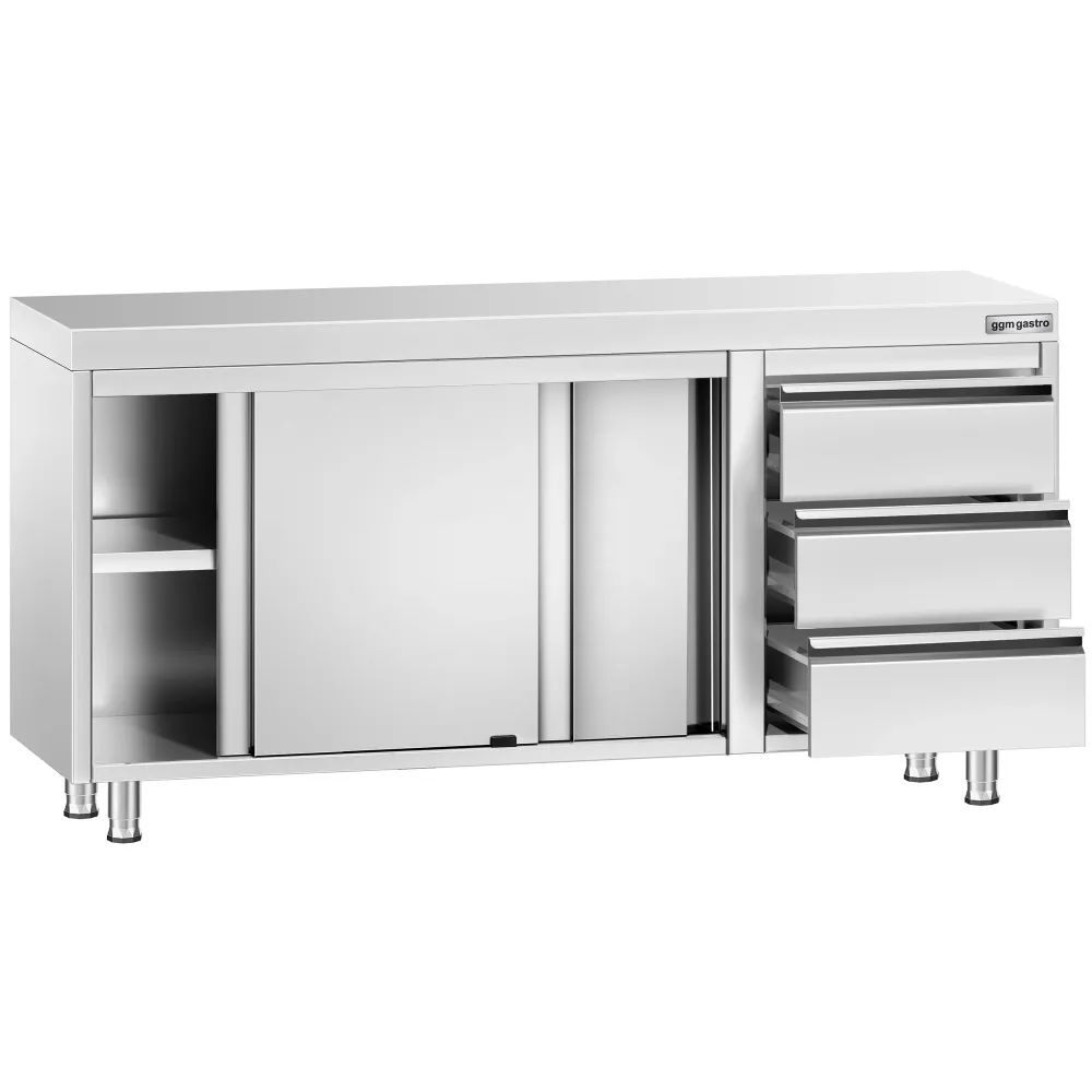 Професионален Работен шкаф от неръждаема стомана PREMIUM - 1600x700mm - с 3 чекмеджета вдясно