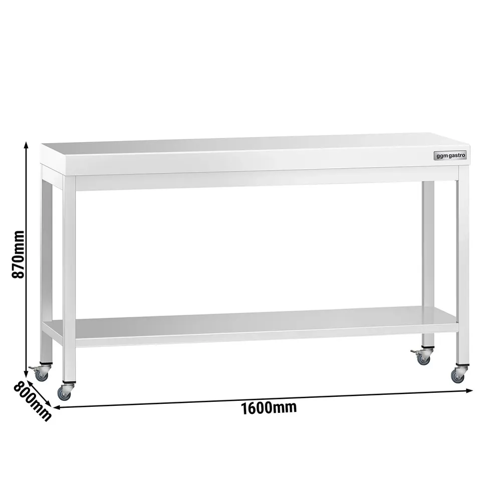 Работна маса PREMIUM от неръждаема стомана - 1600x800mm - с основа и колелца