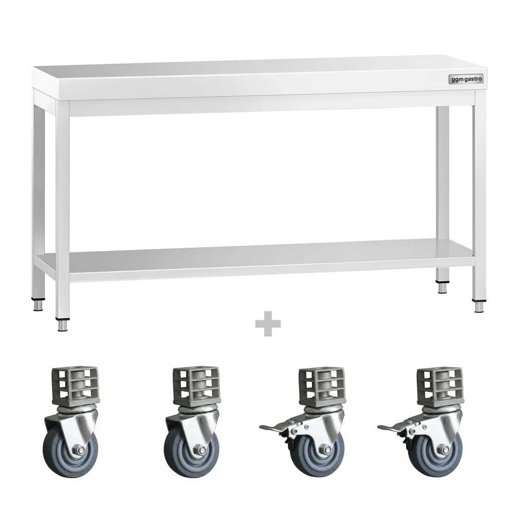 Работна маса PREMIUM от неръждаема стомана - 1600x800mm - с основа и колелца