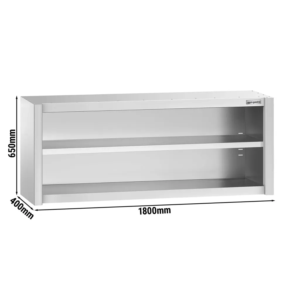 Стенен шкаф от неръждаема стомана PREMIUM - 1800x400mm - без врати (отворен) - 650mm височина