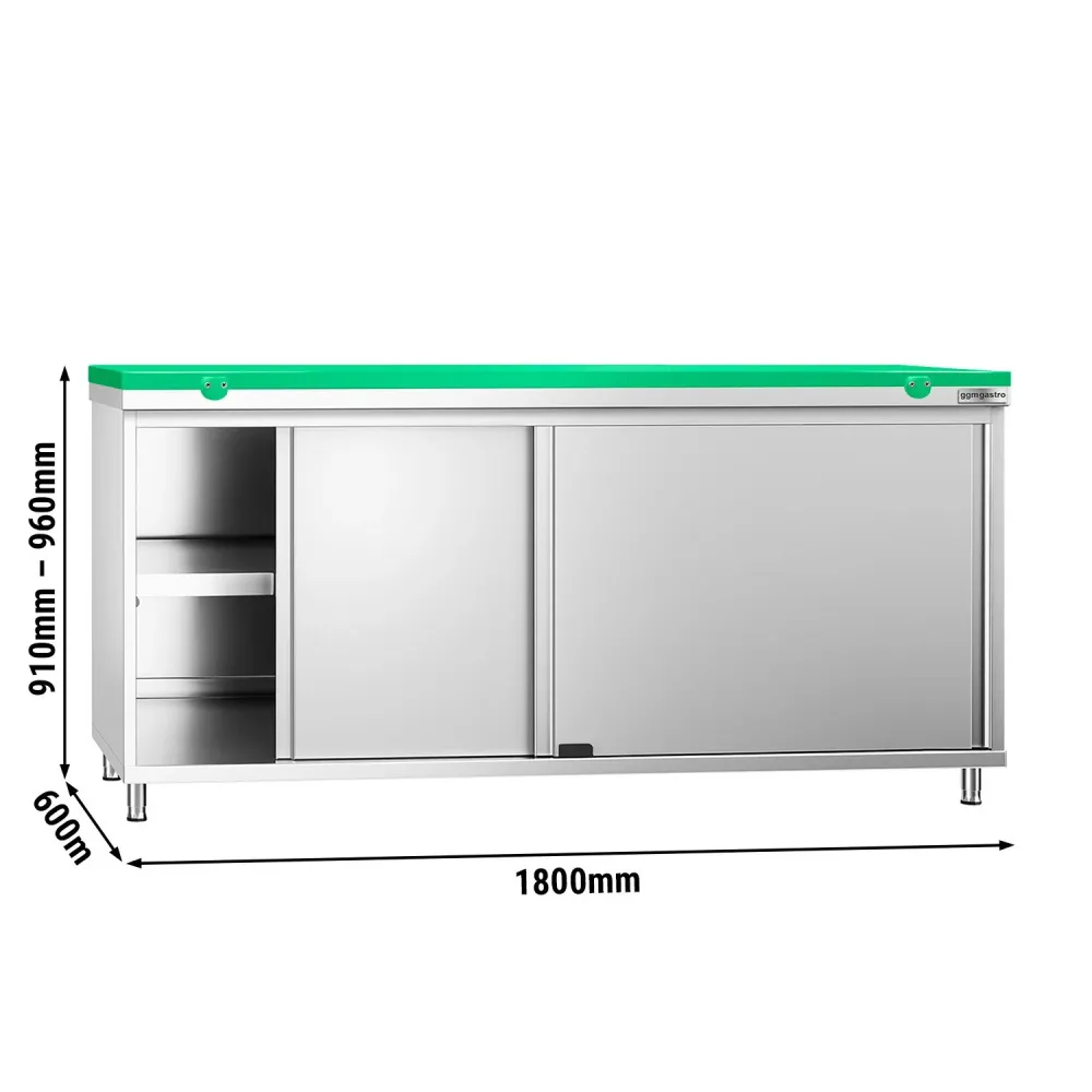 Професионален Работен шкаф от неръждаема стомана PREMIUM - 1800x600mm - с плъзгащи се врати - вкл. Дъска за рязане за меса...