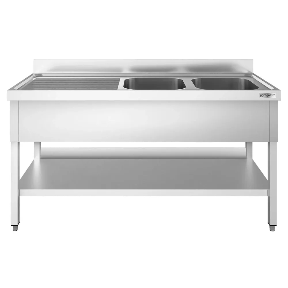 Професионална мивка от неръждаема стомана PREMIUM - 1800x600mm - с долен рафт - с 2 корита вдясно
