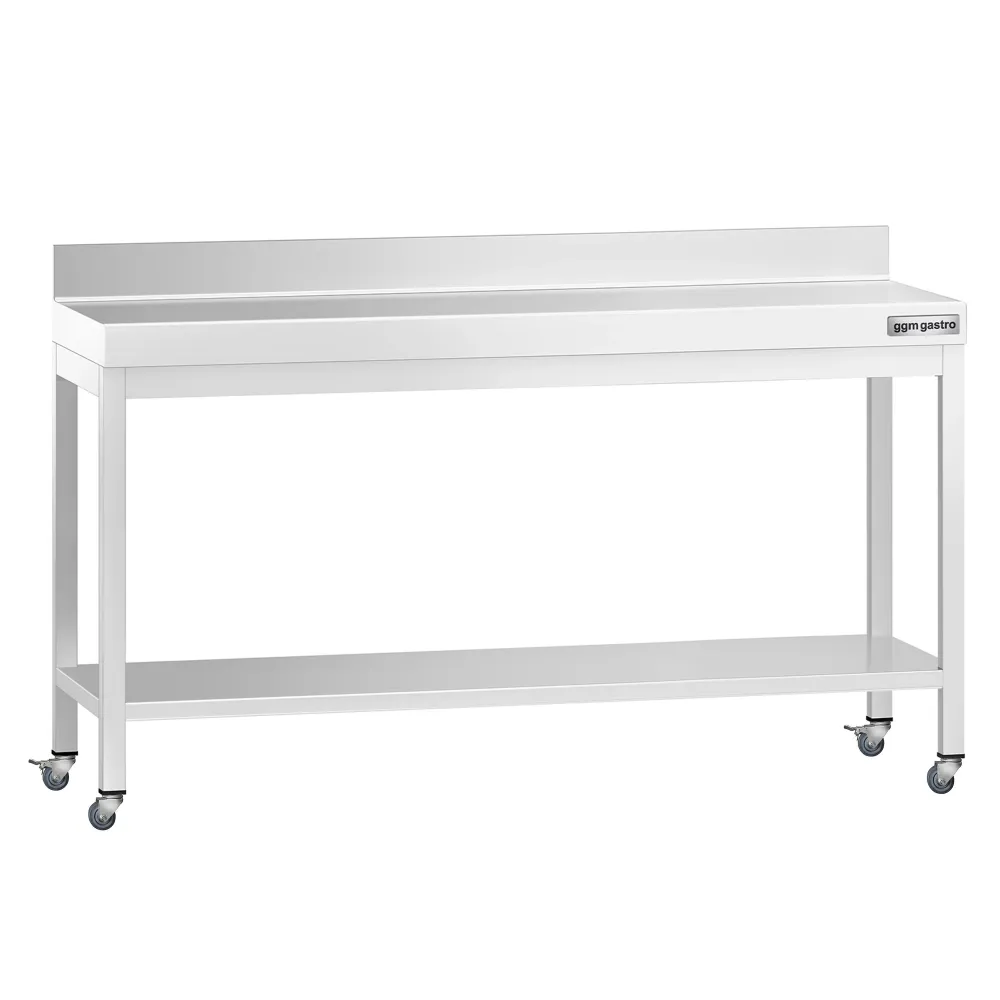 Работна маса PREMIUM от неръждаема стомана - 1800x600mm - с основа, стойка и колелца
