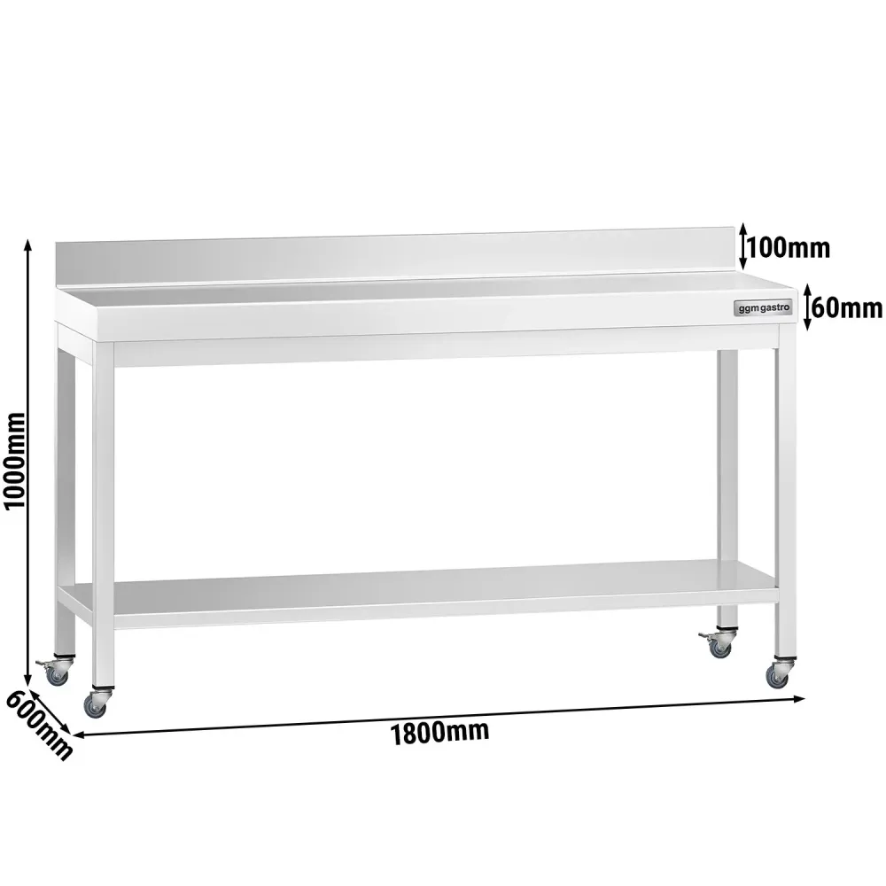 Работна маса PREMIUM от неръждаема стомана - 1800x600mm - с основа, стойка и колелца