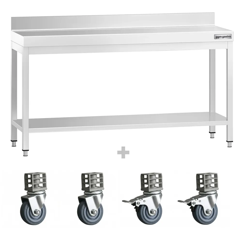 Работна маса PREMIUM от неръждаема стомана - 1800x600mm - с основа, стойка и колелца