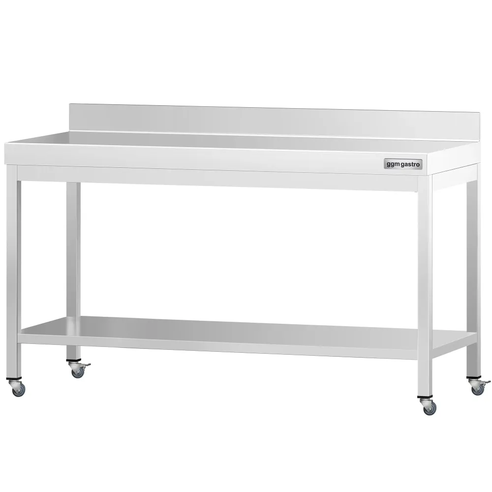 Работна маса PREMIUM от неръждаема стомана - 1800x600mm - с основа, стойка и колелца
