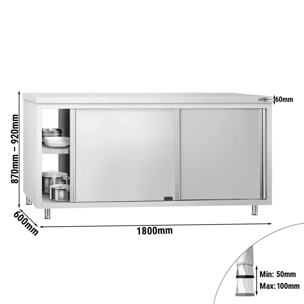 Професионален Работен шкаф от неръждаема стомана PREMIUM - 1800x600mm - с плъзгащи се врати|проходна конструкция
