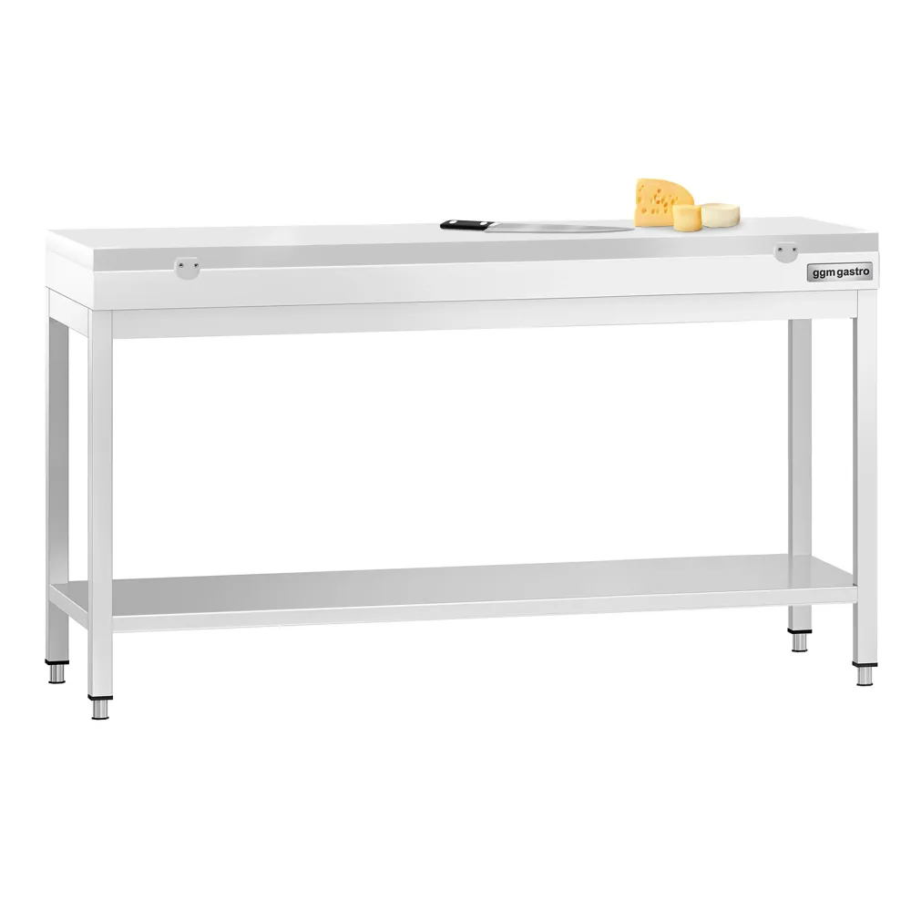 Маса от неръждаема стомана PREMIUM - 1800x600mm - с основен рафт - с включена дъска за рязане - бяла