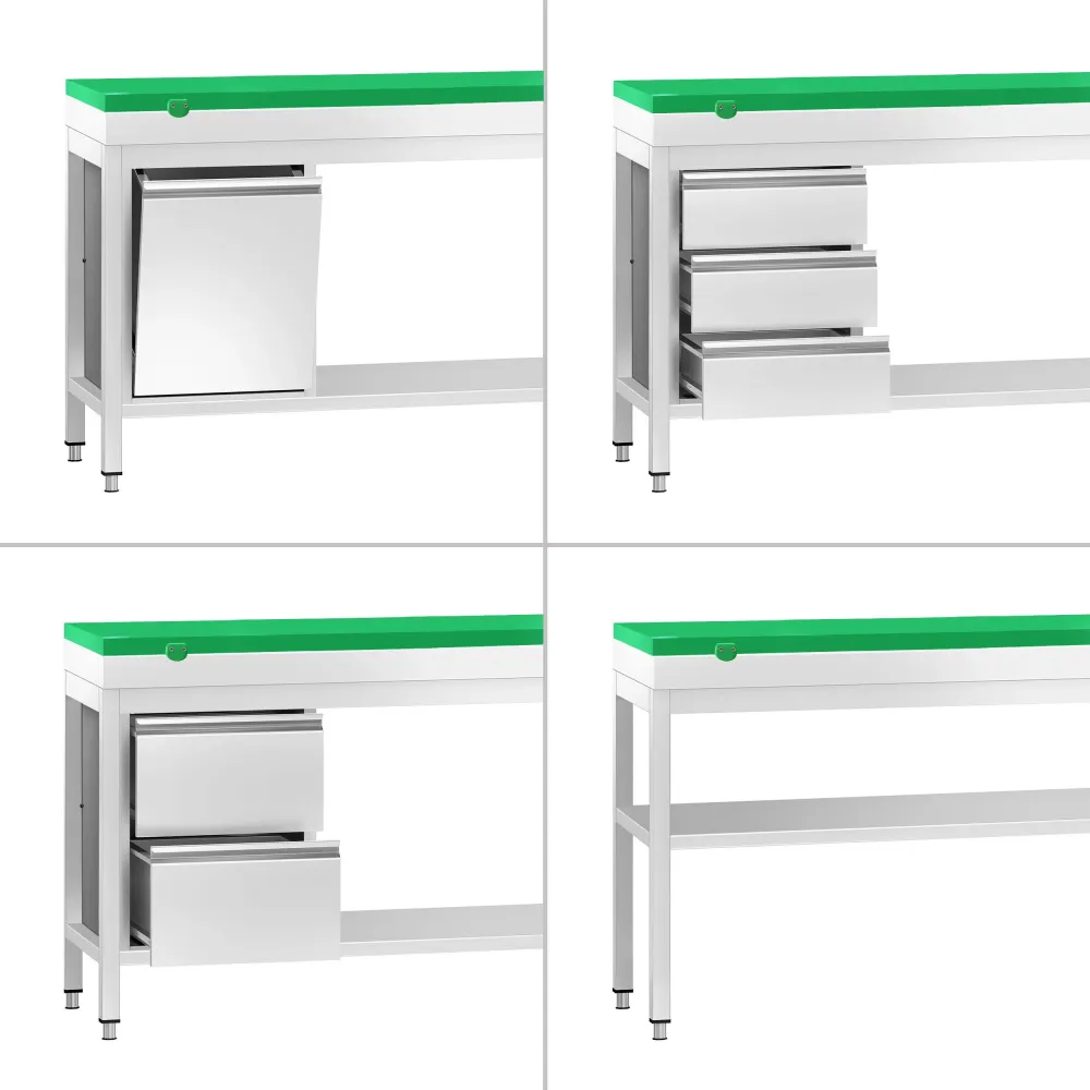 Маса от неръждаема стомана PREMIUM - 1800x600mm - с основен рафт - с включена дъска за рязане - зелена