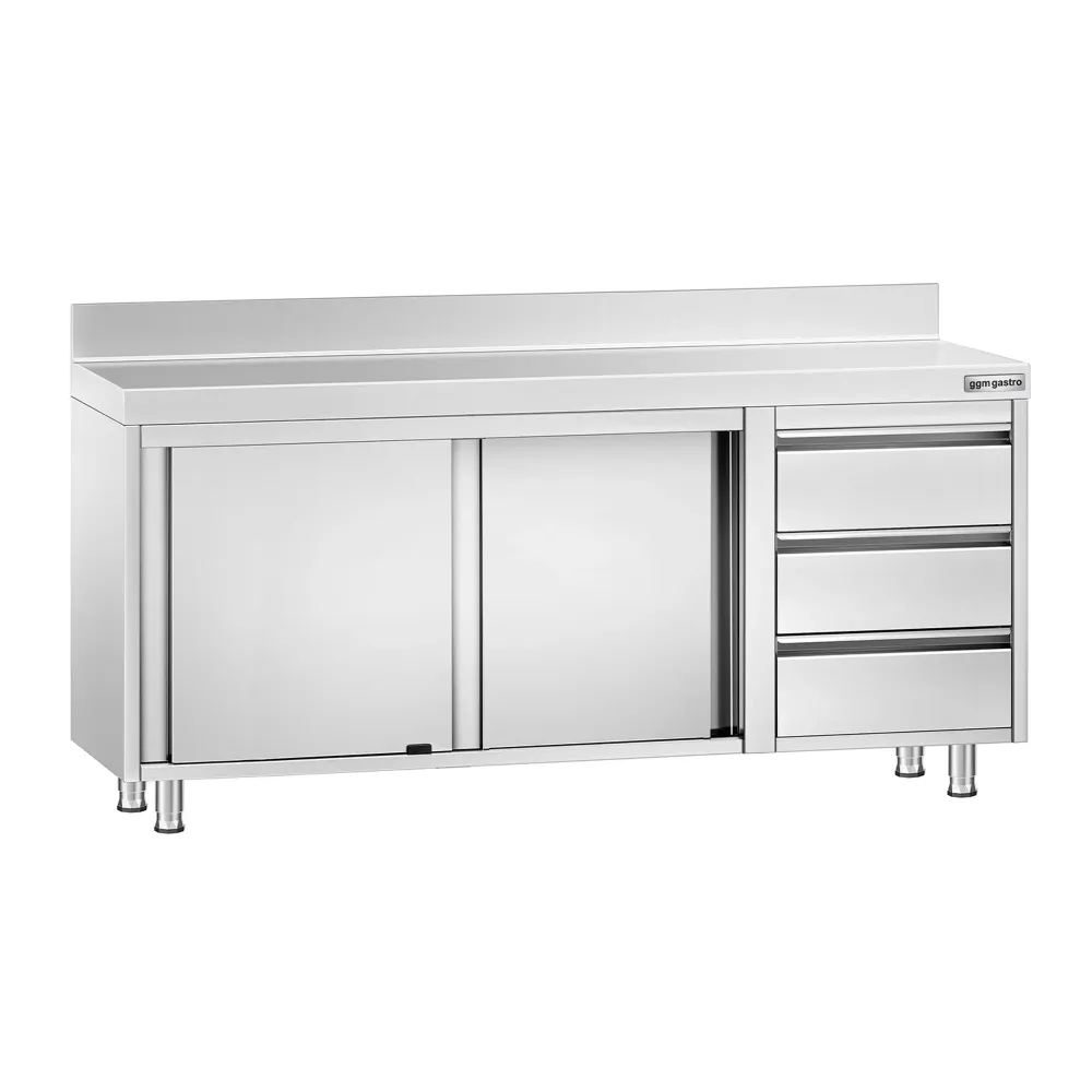 Професионален Работен шкаф от неръждаема стомана PREMIUM - 1800x600mm - с плъзгащи се врати и 3 чекмеджета вдясно & Борд
