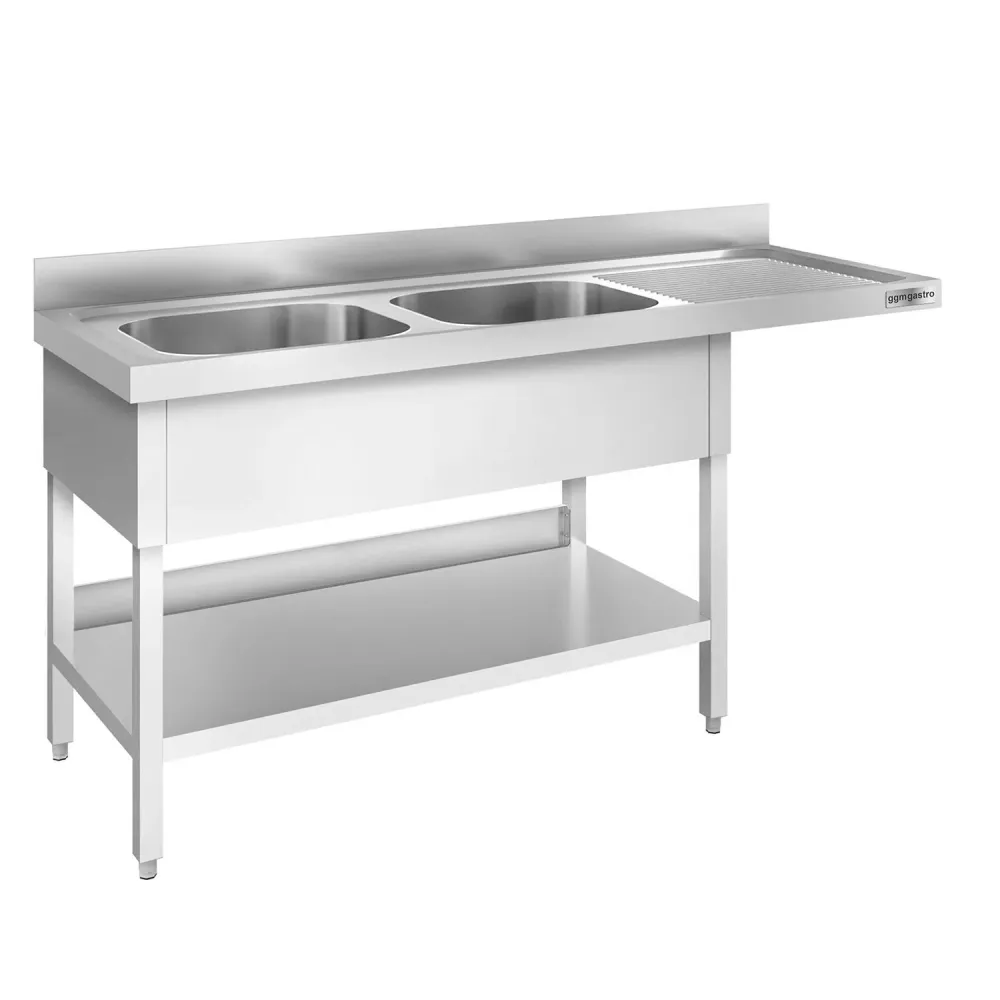 Маса за миялна машина PREMIUM - 1800x700mm - с 2 корита вляво - със заден борд 100mm - корита 500x500x300mm - с долен рафт