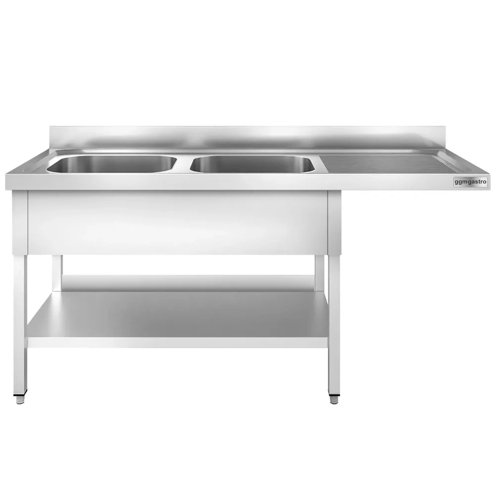 Маса за миялна машина PREMIUM - 1800x700mm - с 2 корита вляво - със заден борд 100mm - корита 500x500x300mm - с долен рафт