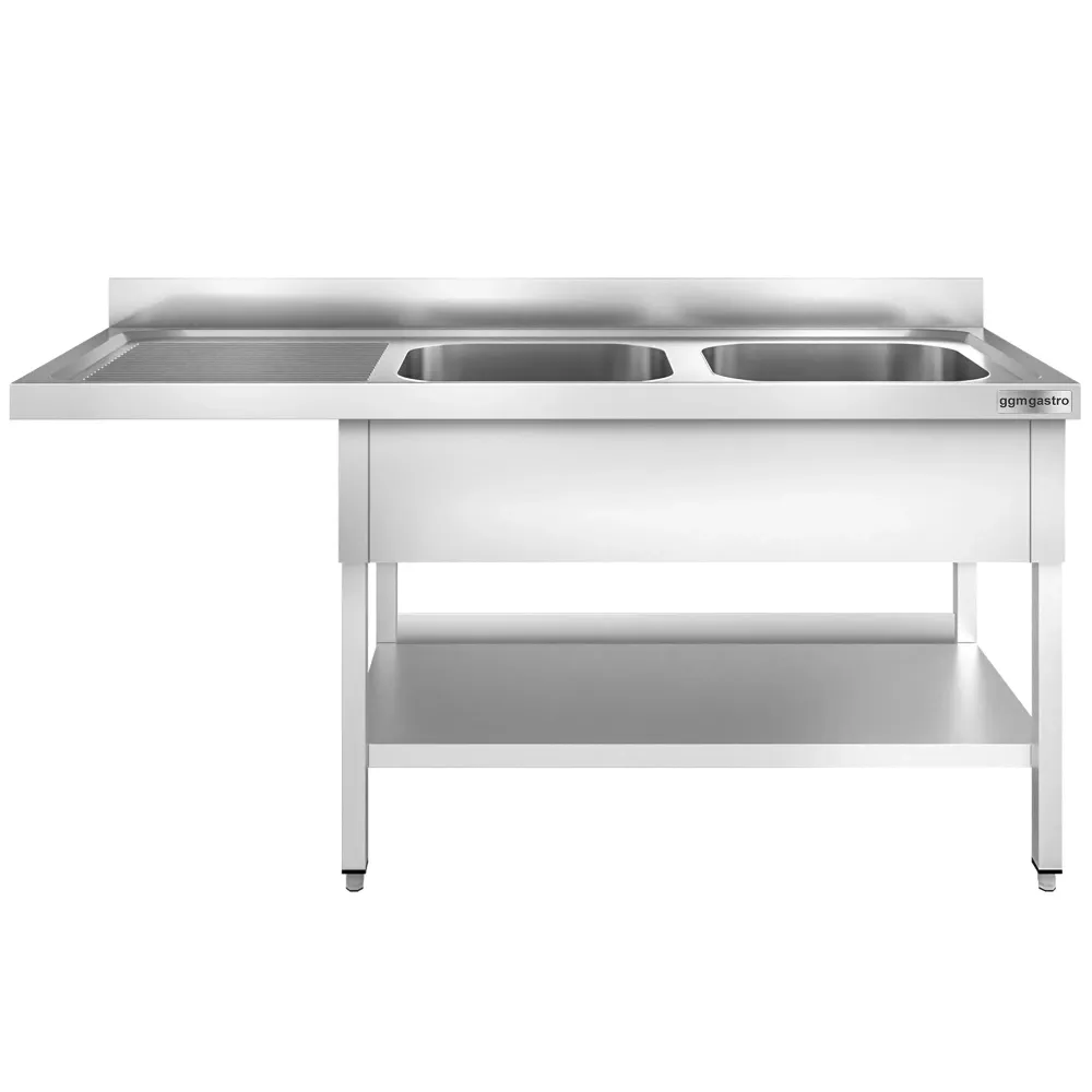 Маса за миялна машина PREMIUM - 1800x700mm - с 2 корита вдясно - със заден борд 100mm - корита 500x500x300mm - с долен рафт