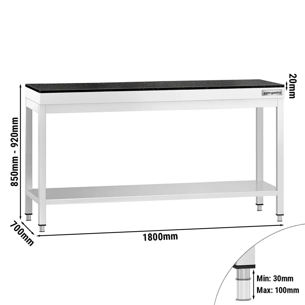 Маса от неръждаема стомана PREMIUM - 1800x700mm - с основен рафт - с включен плот от гранит