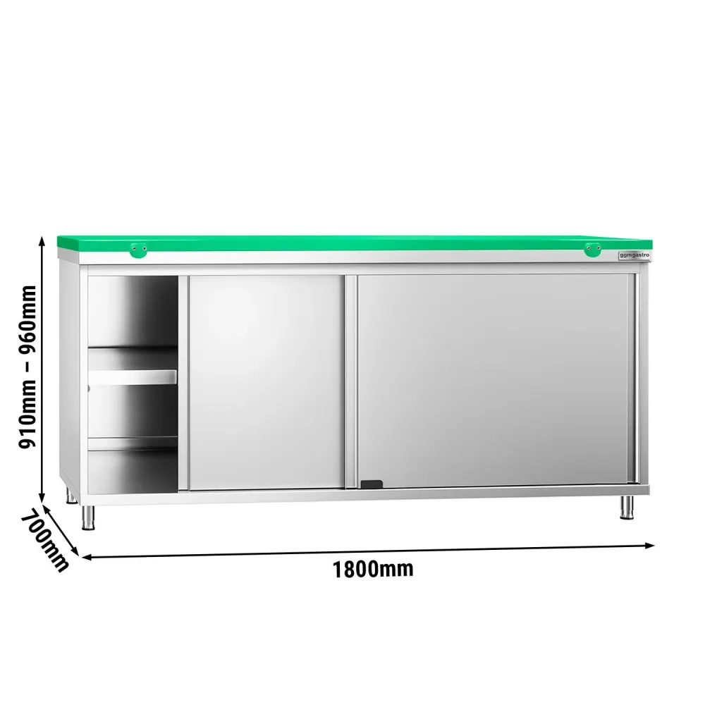 Професионален Работен шкаф от неръждаема стомана PREMIUM - 1800x700mm - с плъзгащи се врати - вкл. Дъска за рязане за меса...