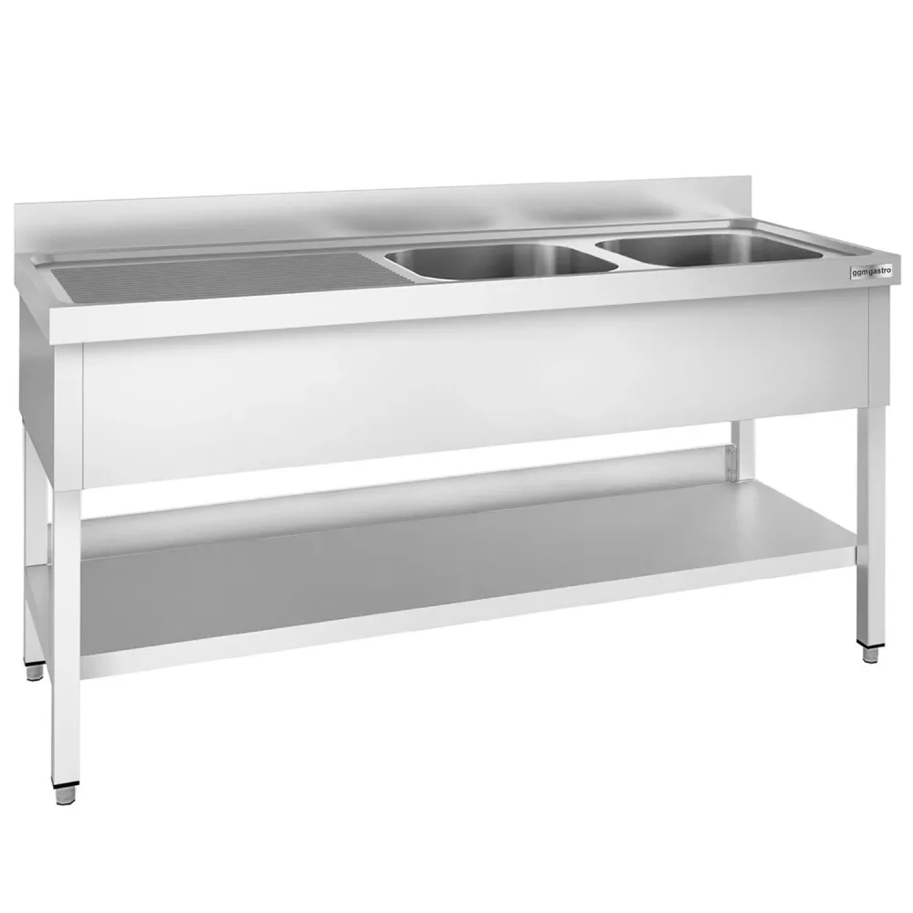 Професионална мивка от неръждаема стомана PREMIUM - 1800x700mm - с долен рафт - с 2 корита вдясно
