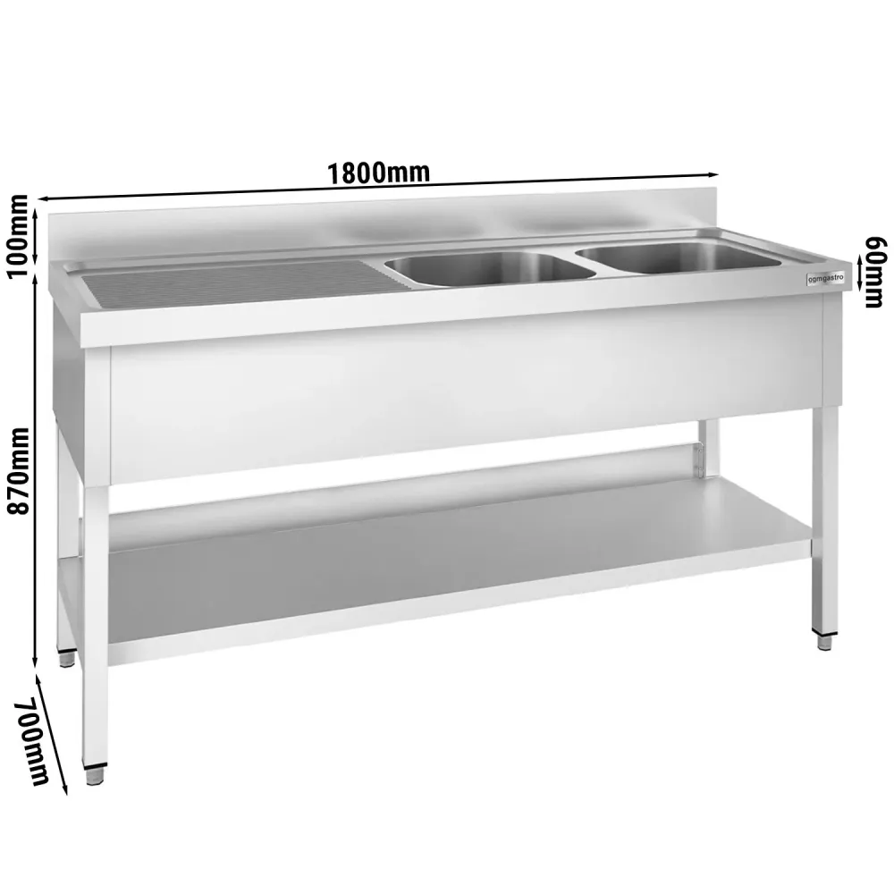 Професионална мивка от неръждаема стомана PREMIUM - 1800x700mm - с долен рафт - с 2 корита вдясно