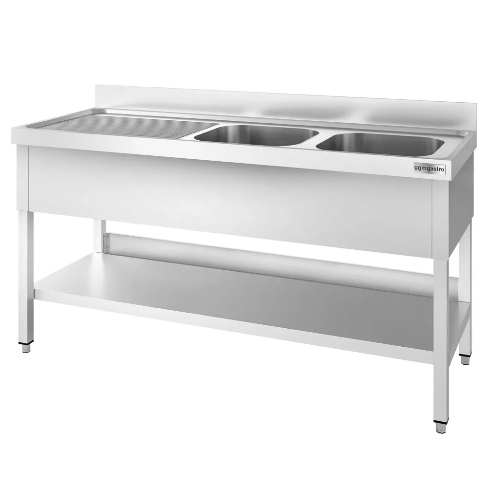 Професионална мивка от неръждаема стомана PREMIUM - 1800x700mm - с долен рафт - с 2 корита вдясно