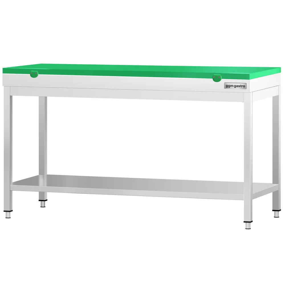 Маса от неръждаема стомана PREMIUM - 1800x700mm - с основен рафт - с включена дъска за рязане - зелена