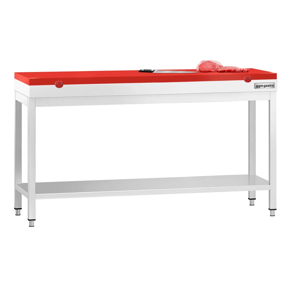 Маса от неръждаема стомана PREMIUM - 1800x700mm - с основен рафт - с включена дъска за рязане - червена