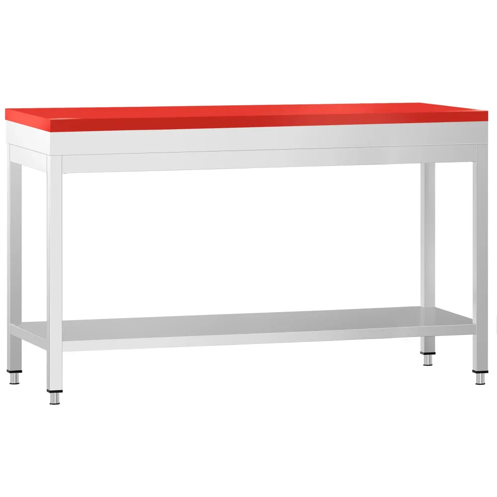 Маса от неръждаема стомана PREMIUM - 1800x700mm - с основен рафт - с включена дъска за рязане - червена