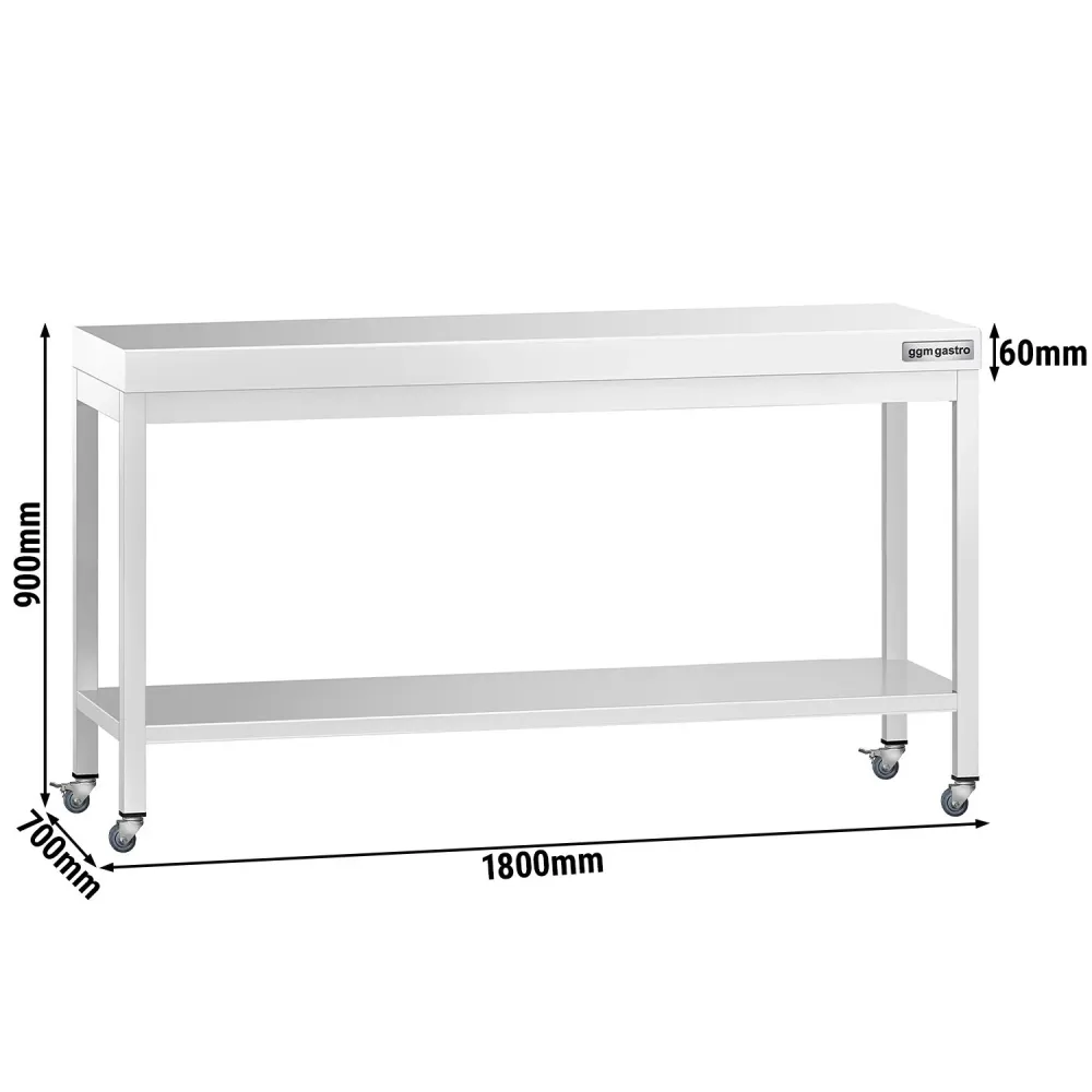 Работна маса PREMIUM от неръждаема стомана - 1800x700mm - с основа и колелца