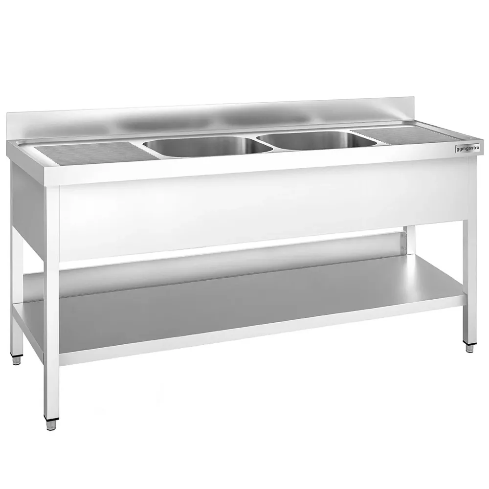 Професионална мивка от неръждаема стомана PREMIUM - 1800x700mm - с долен рафт - с 2 корита централно