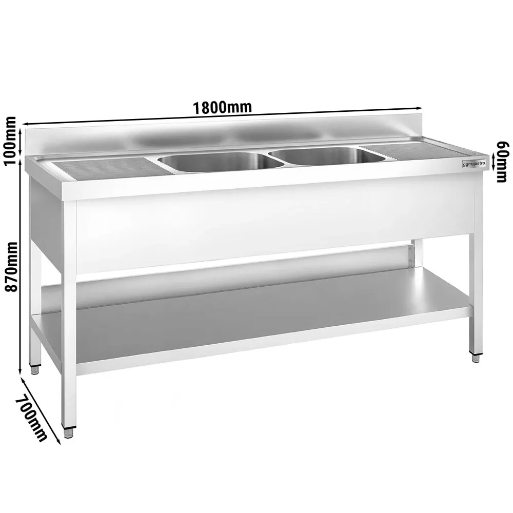 Професионална мивка от неръждаема стомана PREMIUM - 1800x700mm - с долен рафт - с 2 корита централно