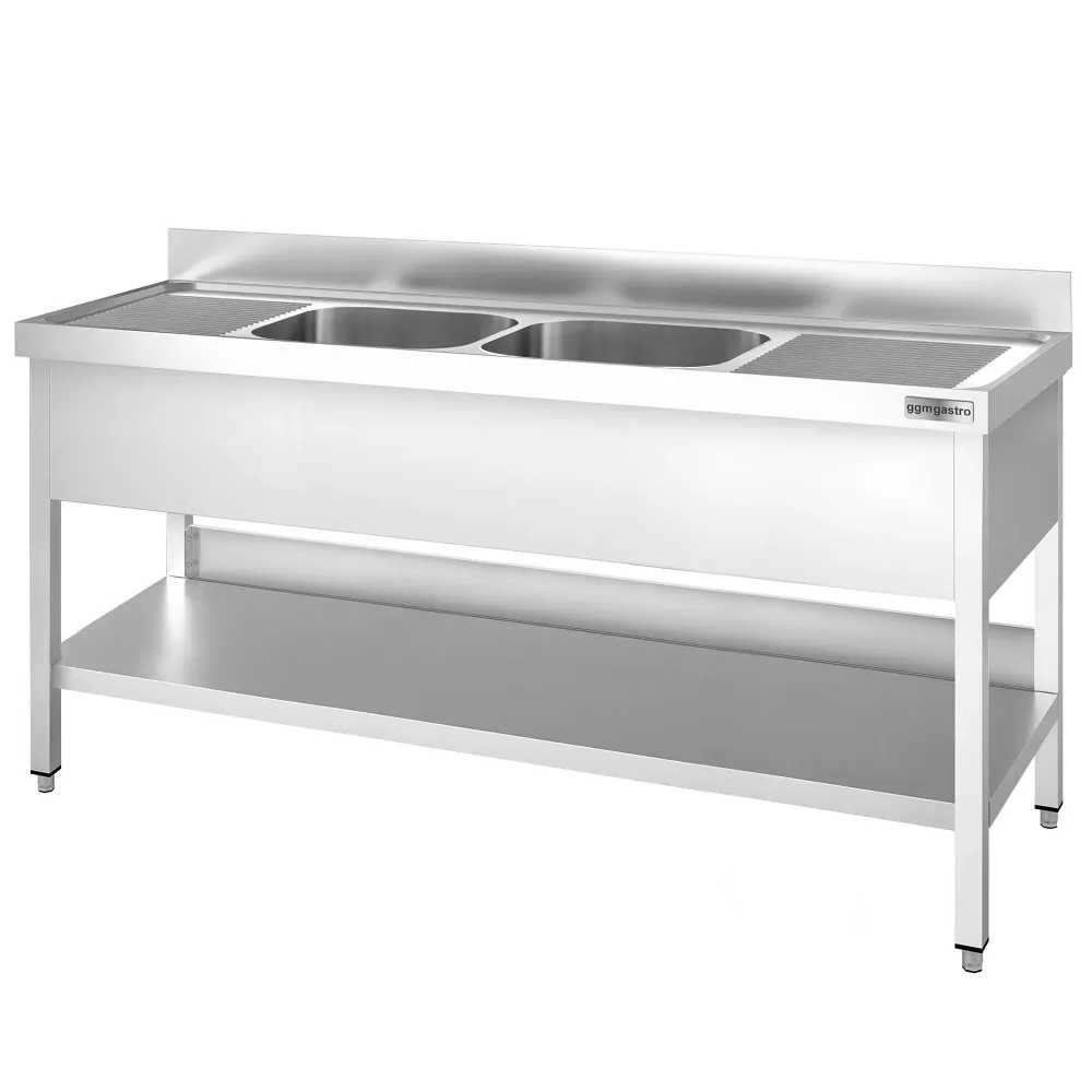 Професионална мивка от неръждаема стомана PREMIUM - 1800x700mm - с долен рафт - с 2 корита централно