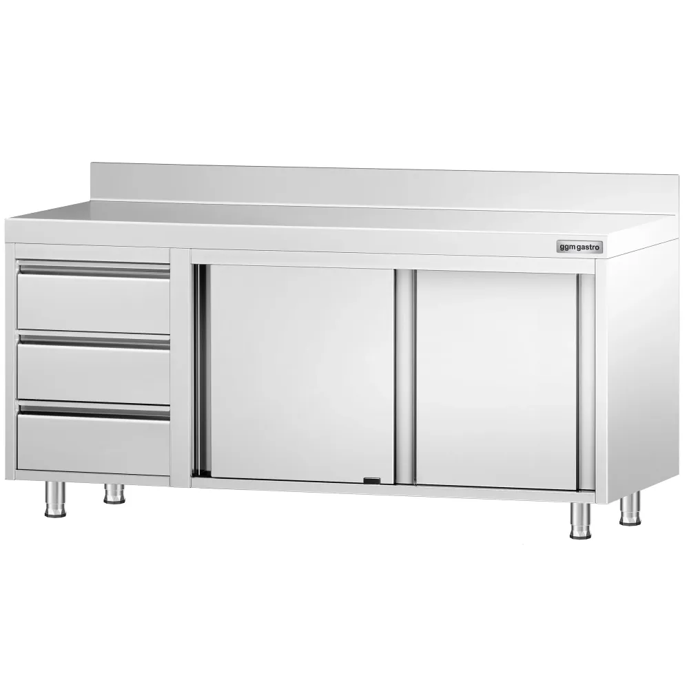 Професионален Работен шкаф от неръждаема стомана PREMIUM - 1800x700mm - с плъзгащи се врати, 3 чекмеджета вляво & Борд