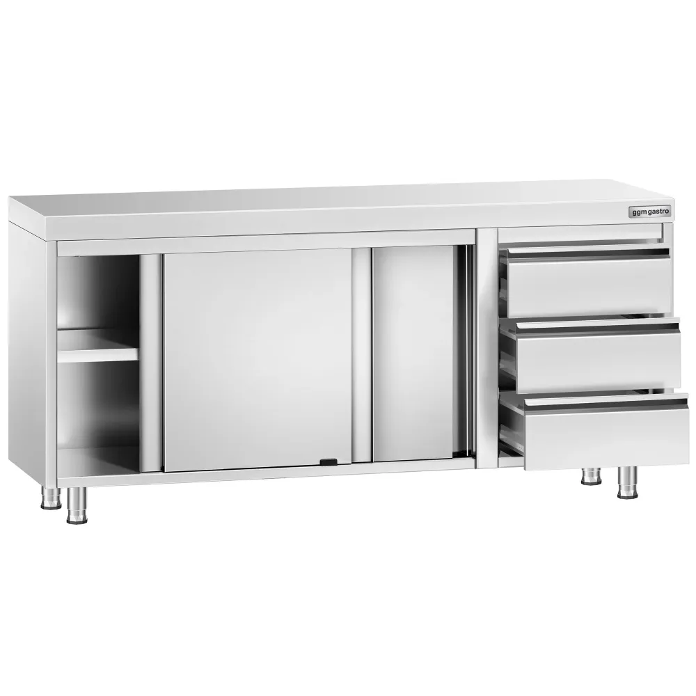 Професионален Работен шкаф от неръждаема стомана PREMIUM - 1800x700mm - с плъзгащи се врати - с 3 чекмеджета вдясно