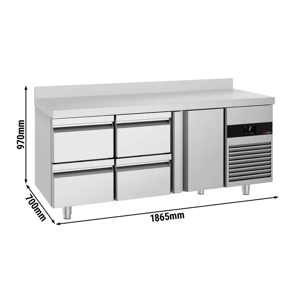 Професионална хладилна маса PREMIUM - 1865x700mm - с 1 врата - 4 чекмеджета - GN 1/1 - с гръб 100мм