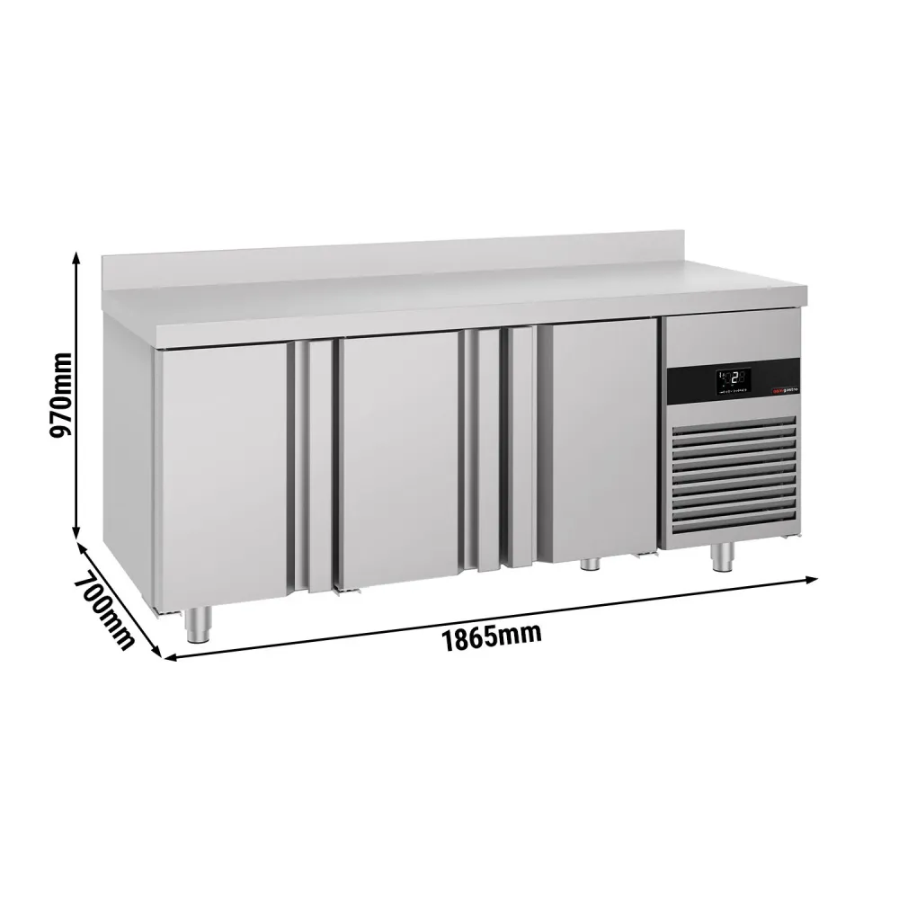 Професионална хладилна маса PREMIUM - 1865x700mm - с 3 врати - GN 1/1 - вентилирано охлаждане - с гръб