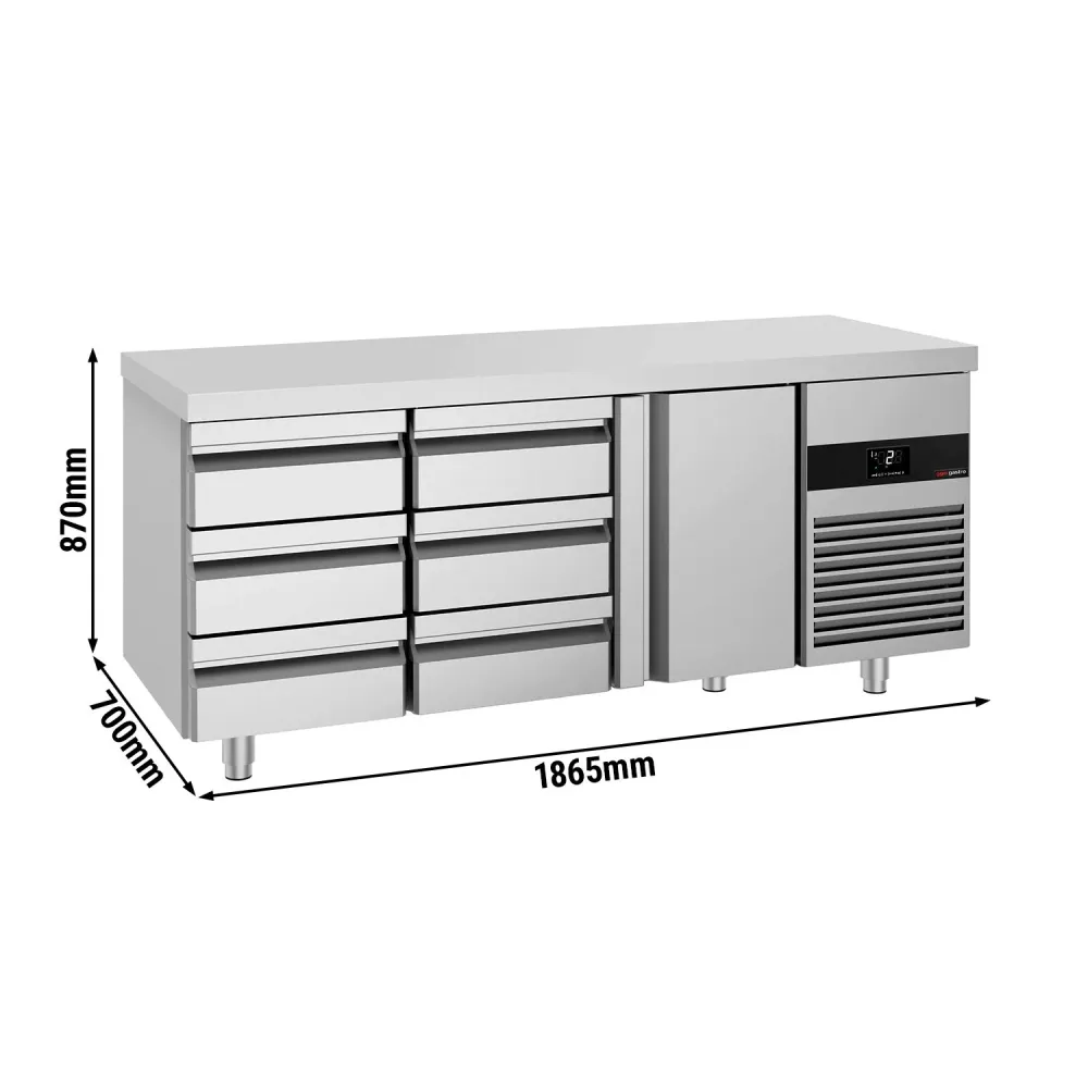 Професионална хладилна маса PREMIUM - 1865x700mm - с 1 врата - 6 чекмеджета - GN 1/1 - вентилирано охлаждане