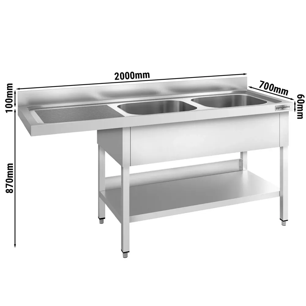 Маса за миялна машина PREMIUM - 2000x600mm - с 2 корита вдясно - със заден борд 100mm - корита 500x400x250mm - с долен рафт