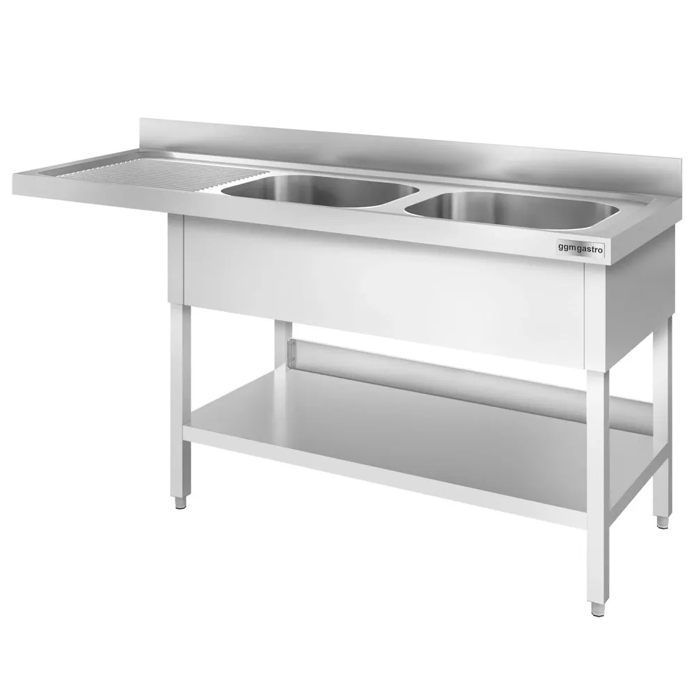 Маса за миялна машина PREMIUM - 2000x600mm - с 2 корита вдясно - със заден борд 100mm - корита 500x400x250mm - с долен рафт