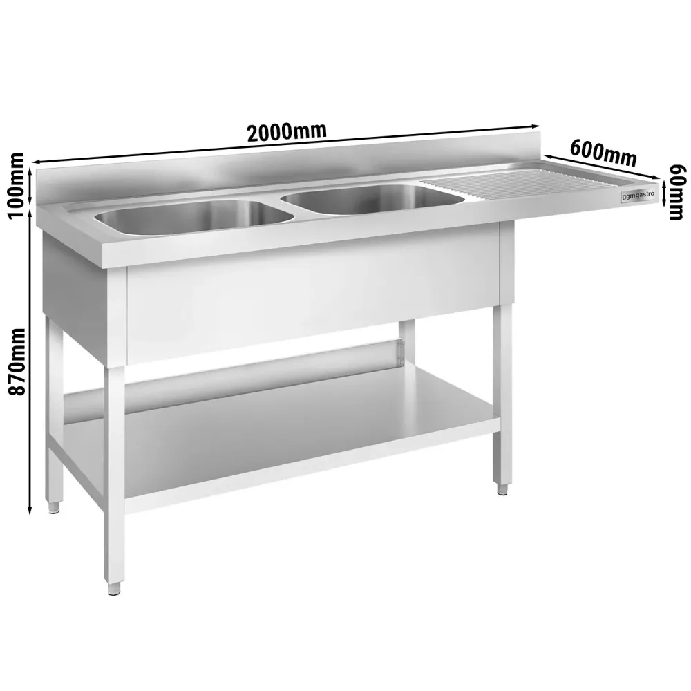 Маса за миялна машина PREMIUM - 2000x600mm - с 2 корита вляво - със заден борд 100mm - корита 500x400x250mm - с долен рафт