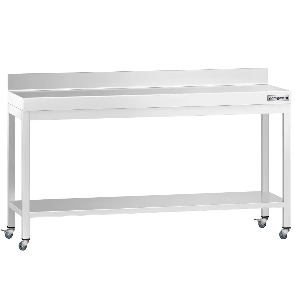 Работна маса PREMIUM от неръждаема стомана - 2000x600mm - с основа, стойка и колелца