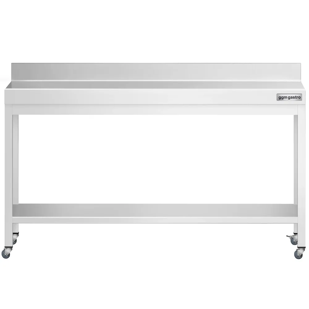 Работна маса PREMIUM от неръждаема стомана - 2000x600mm - с основа, стойка и колелца