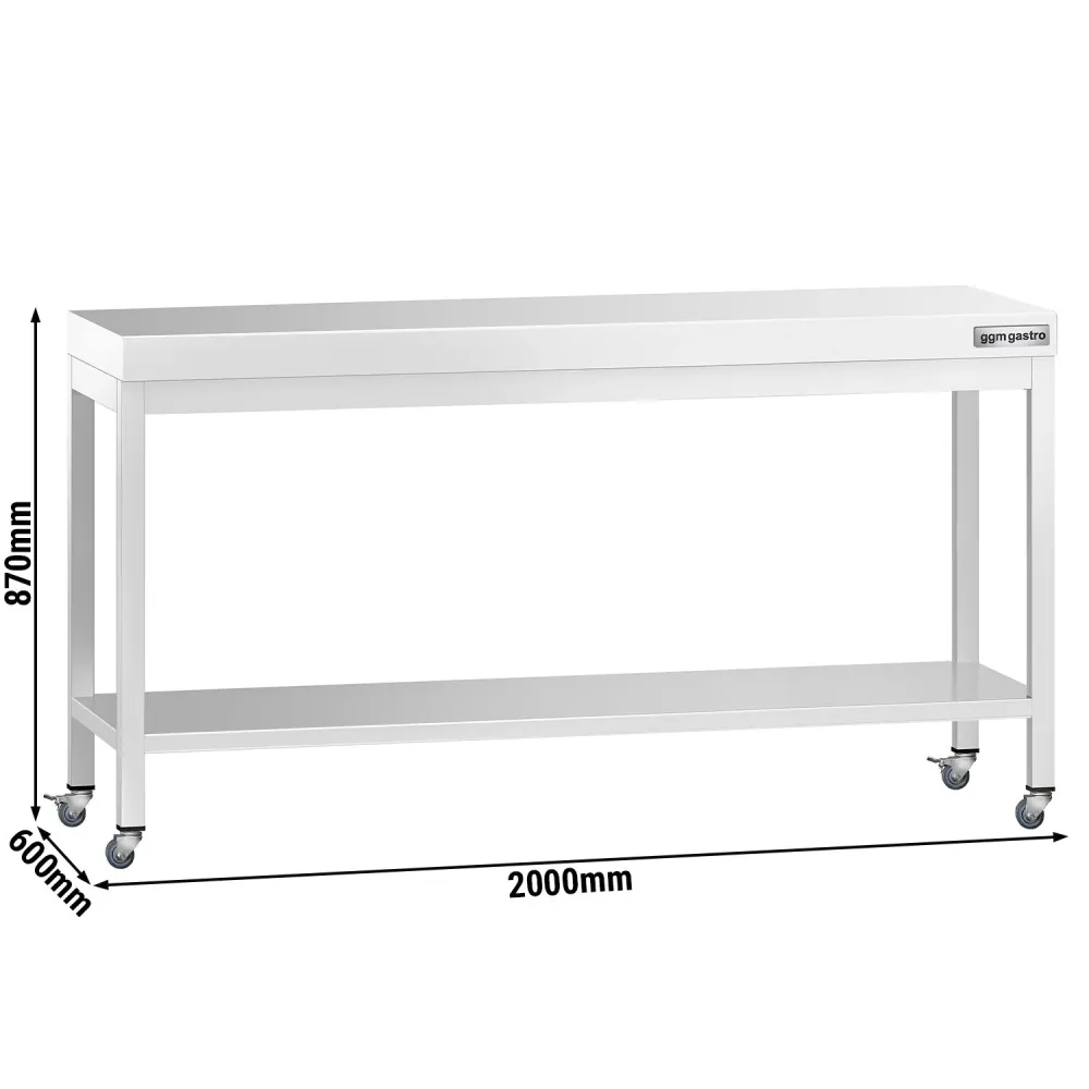 Работна маса PREMIUM от неръждаема стомана - 2000x600mm - с основа и колелца