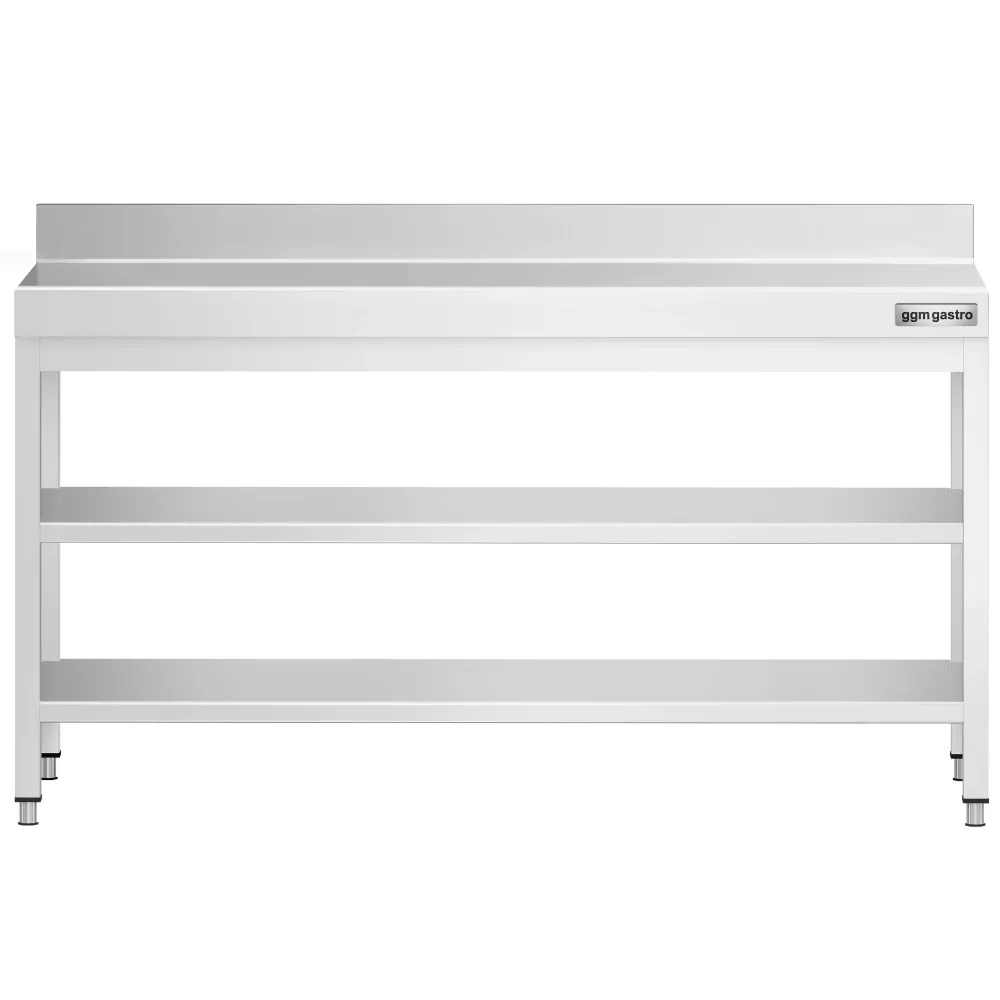 Маса от неръждаема стомана PREMIUM - 2000x600mm - с основен рафт и борд отзад и междинен рафт