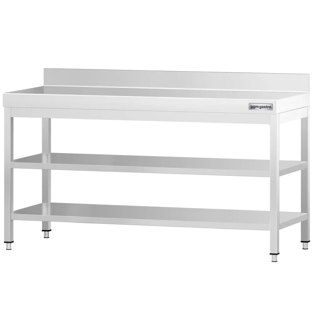Маса от неръждаема стомана PREMIUM - 2000x600mm - с основен рафт и борд отзад и междинен рафт
