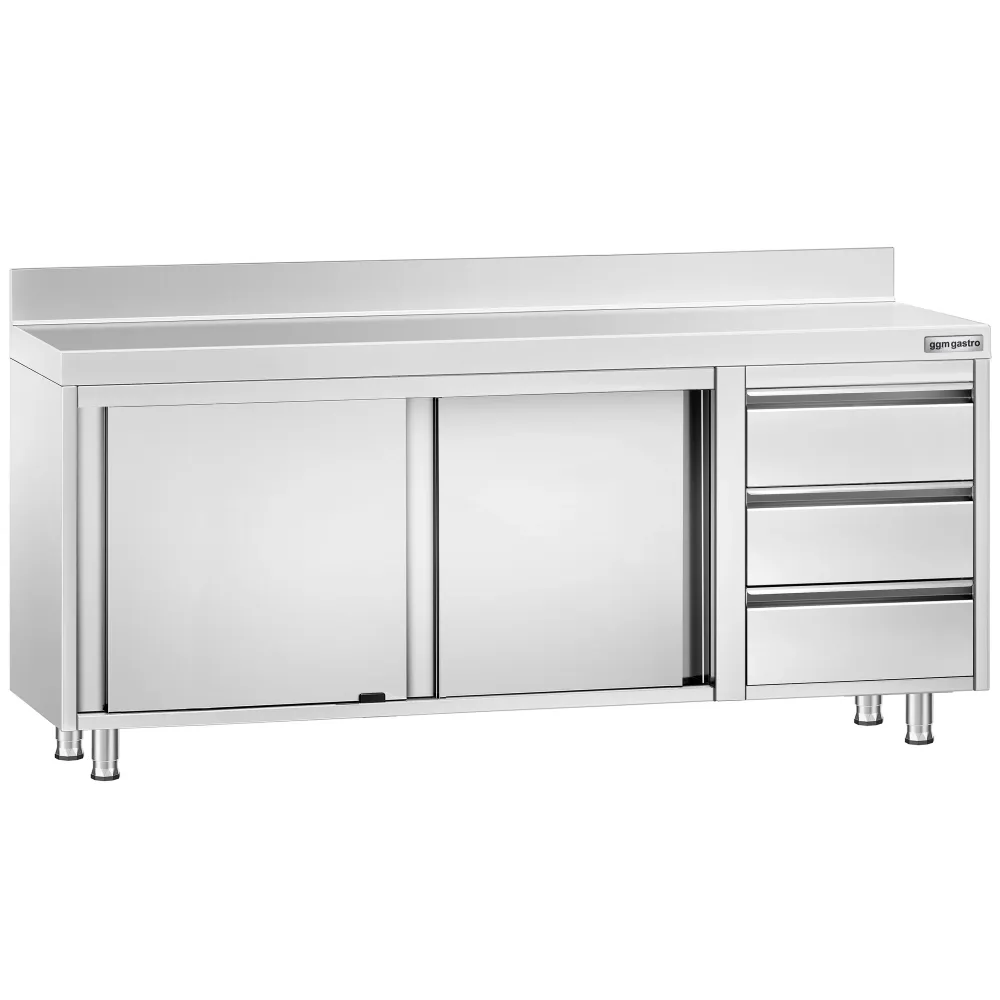Професионален Работен шкаф от неръждаема стомана PREMIUM - 2000x600mm - с 3 чекмеджета вдясно & Борд