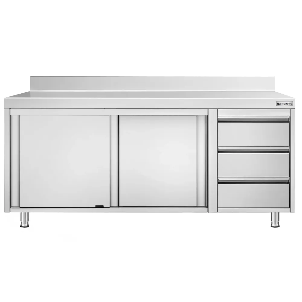 Професионален Работен шкаф от неръждаема стомана PREMIUM - 2000x600mm - с 3 чекмеджета вдясно & Борд