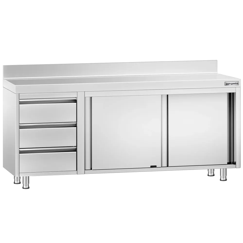 Професионален Работен шкаф от неръждаема стомана PREMIUM - 2000x600mm - с плъзгащи се врати, 3 чекмеджета вляво & Борд