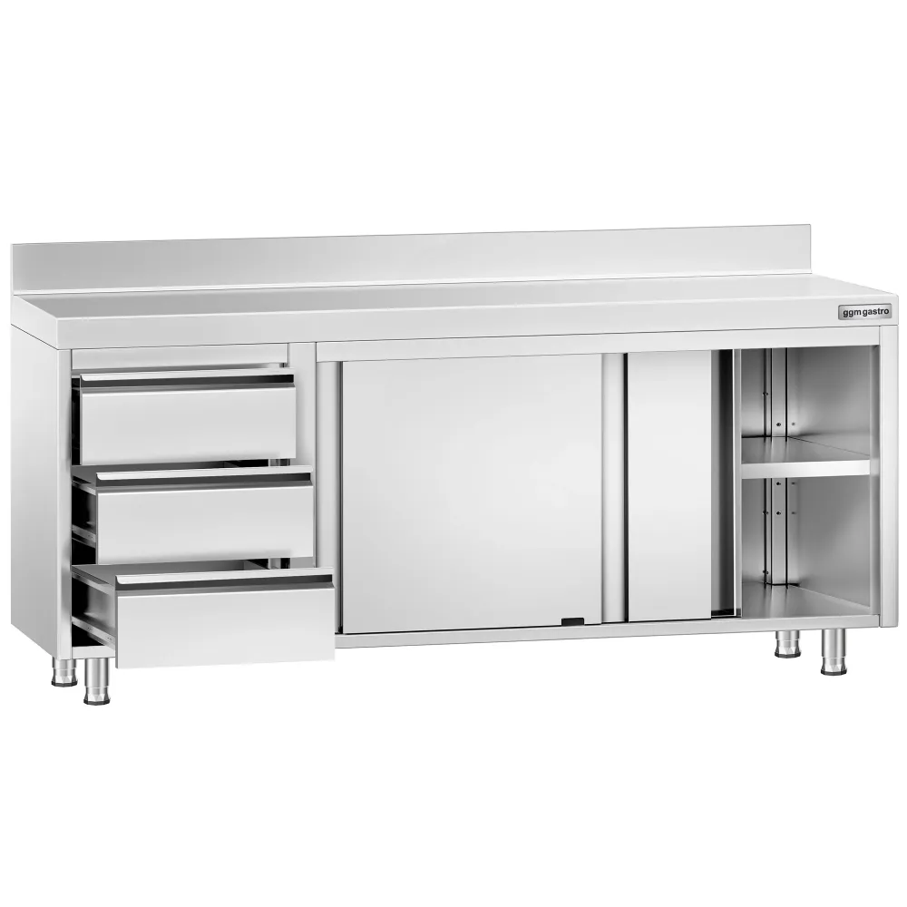 Професионален Работен шкаф от неръждаема стомана PREMIUM - 2000x600mm - с плъзгащи се врати, 3 чекмеджета вляво & Борд