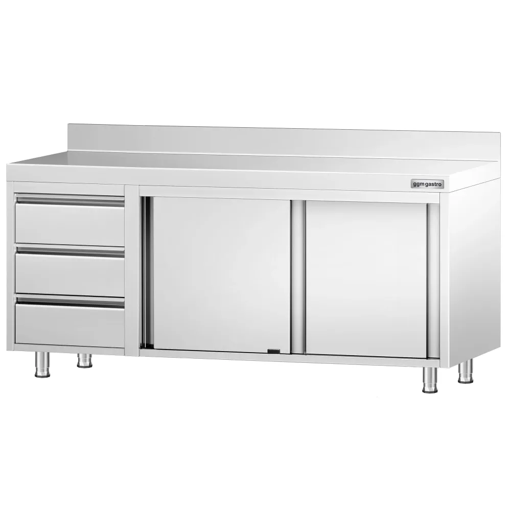Професионален Работен шкаф от неръждаема стомана PREMIUM - 2000x600mm - с плъзгащи се врати, 3 чекмеджета вляво & Борд